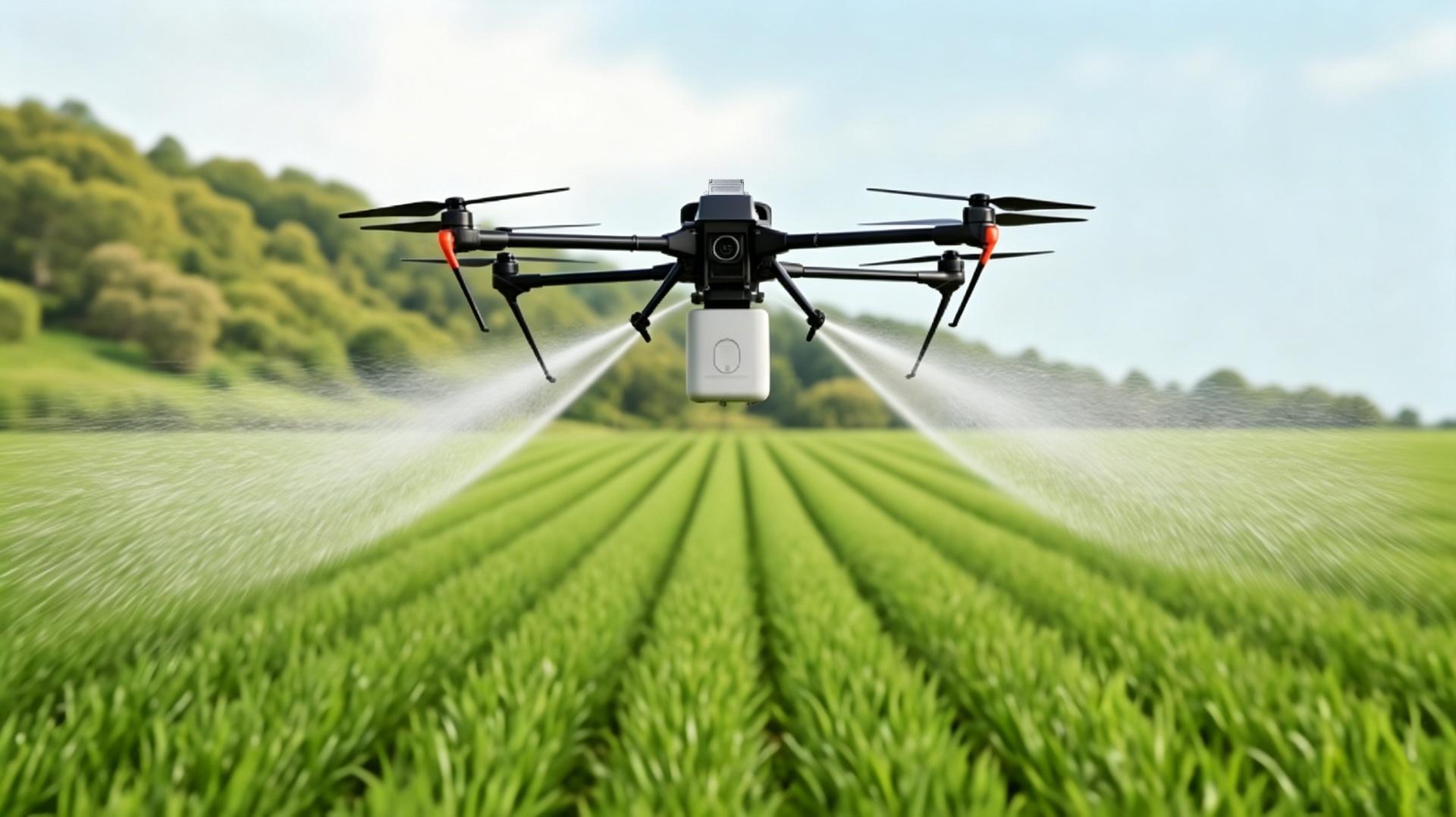 Agricultural spraying drone over crops