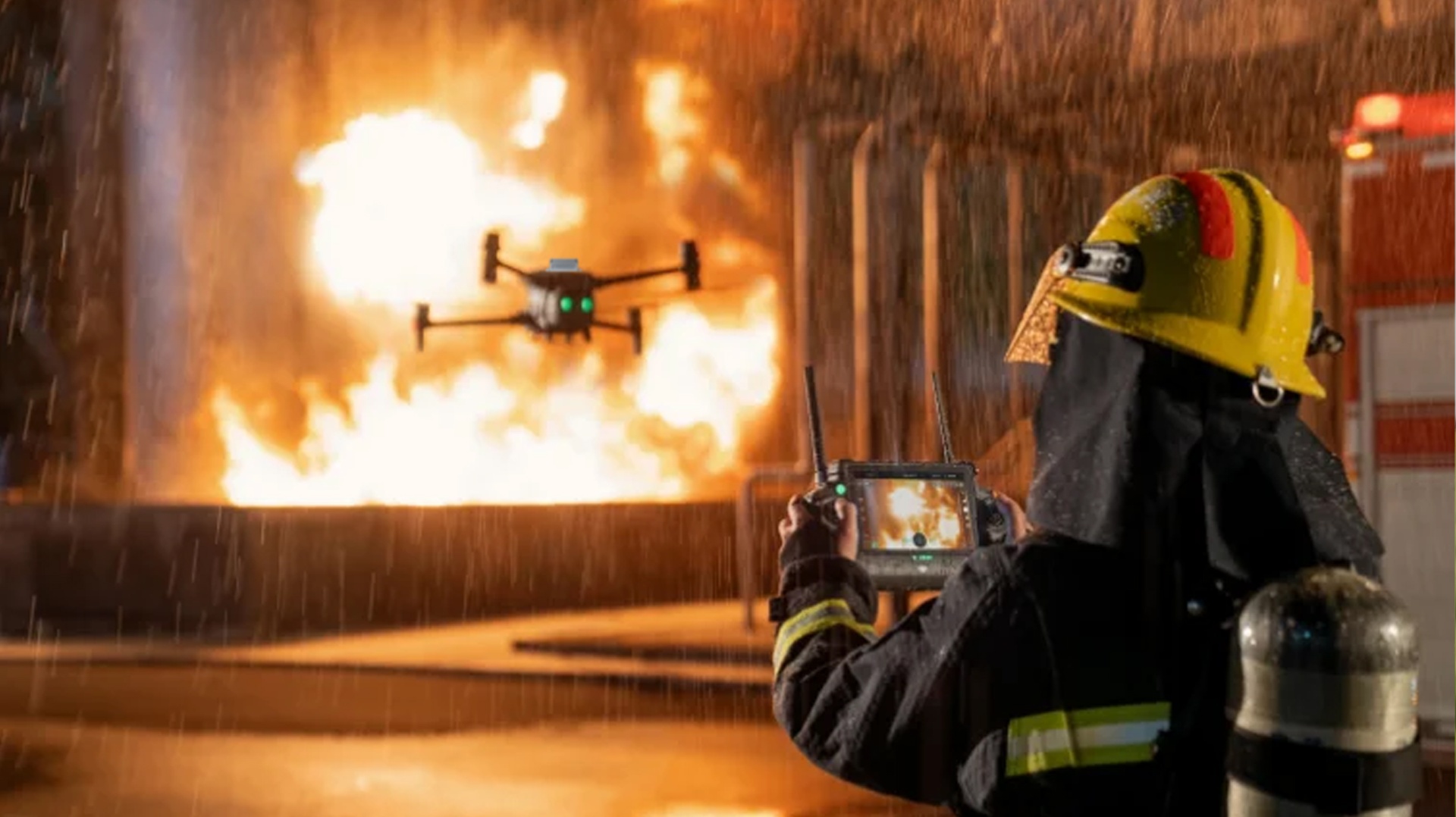 Firefighter piloting a drone at a blaze